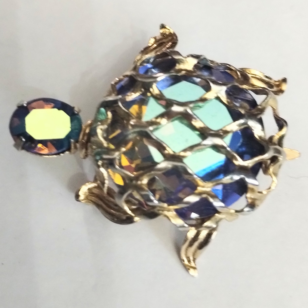 Vtg Signed Warner Ab Blue Turtle Pin Brooch